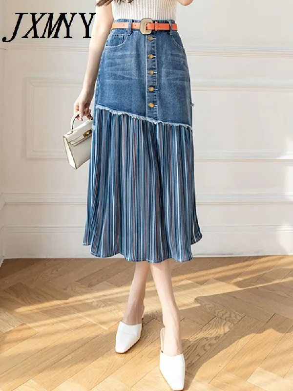 imCharms 2023 Spring And Autumn Large Size High Waist All-Match Women's Denim Skirt Stitching Midi Skirt corduroy skirt cozy