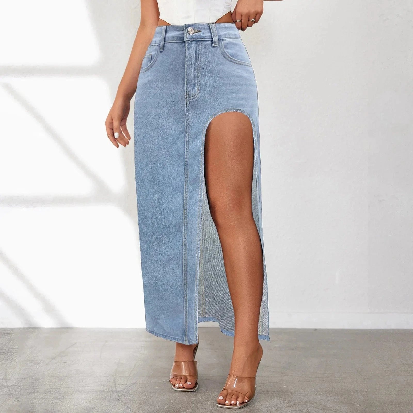 Long Denim Skirt with Slit flowy skirt hem