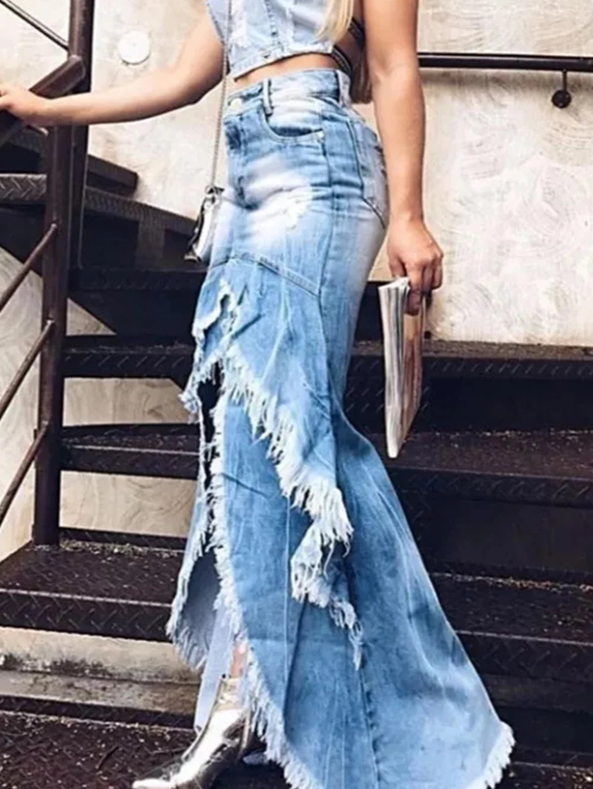 FZ Women's Maxi Front Slit Plain Raw Trim Slim Fit Denim Skirt high waist skirt