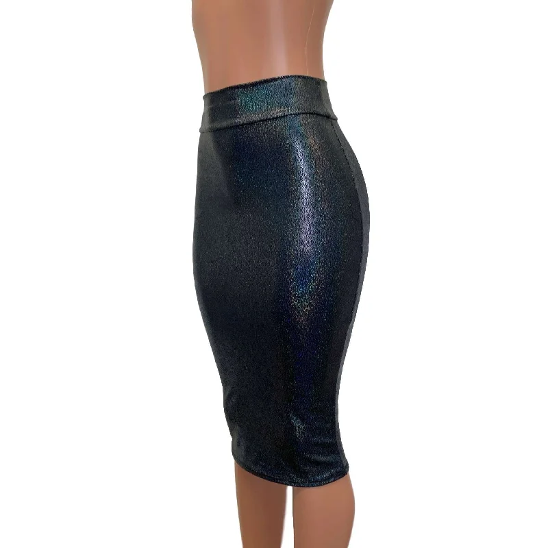 Long Pencil Skirt - Black Holographic denim skirt fashionable