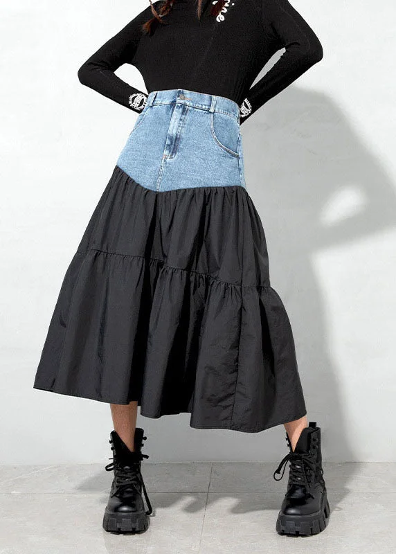 Loose Black denim Patchwork Casual Skirt Spring leather skirt refined