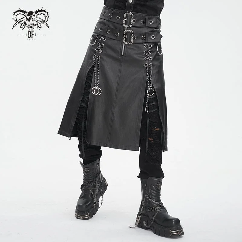 Men's Gothic Double-belt Side Slit Skirt chiffon skirt floaty