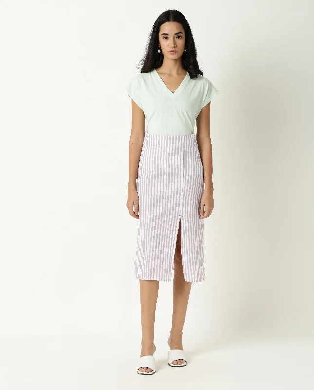 Rareism Women Moonly Pastel Purple Cotton Linen Fabric Slim Fit High Rise Striped Midi Skirt lace skirt romantic