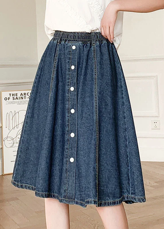 Natural Navy Elastic Waist Button 2024 Cotton Denim Skirts Summer cashmere skirt soft