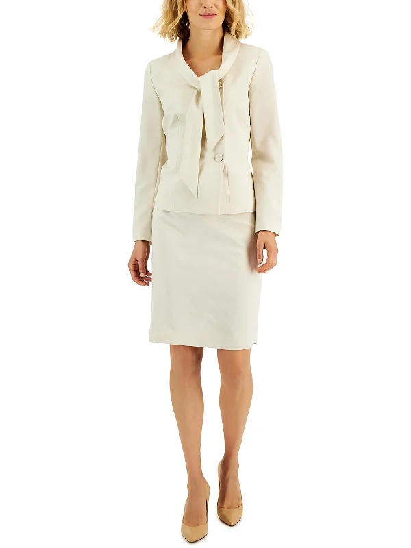 Petites Womens Tie Collar Business Skirt Suit silk skirt lustrous