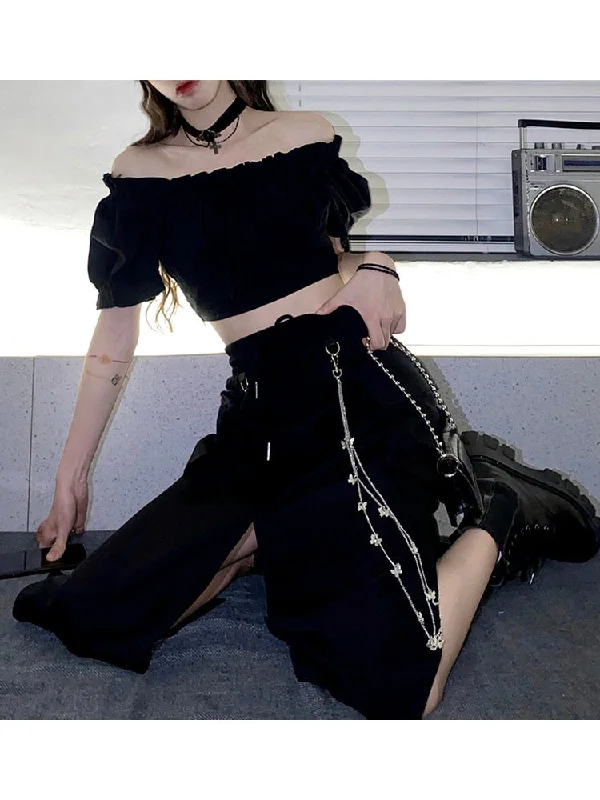 Punk Style Women Techwear Chain Cargo Skirts Emo Clothes Pockets High Slit Midi Skirt E Girl Harajuku Puff Sleeve Crop Top Sets asymmetrical skirt cut