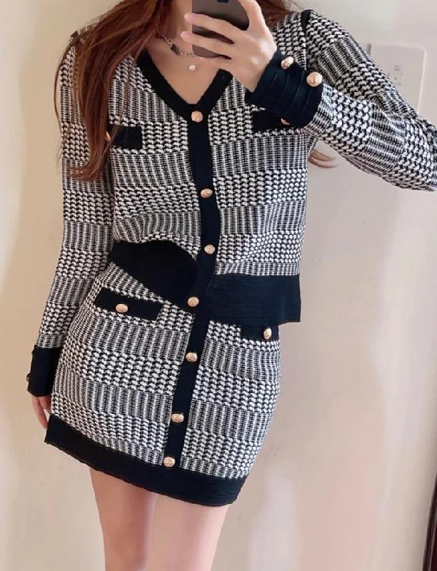 Retro Red Knitted Cardigan Slim Skirt Two-Piece Set denim skirt stylish