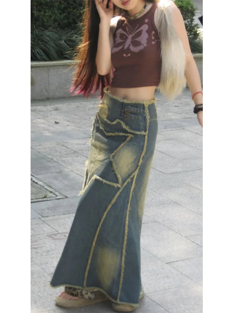 FZ Women's High Street Retro Style Distressed Long Denim Skirt floral skirt print