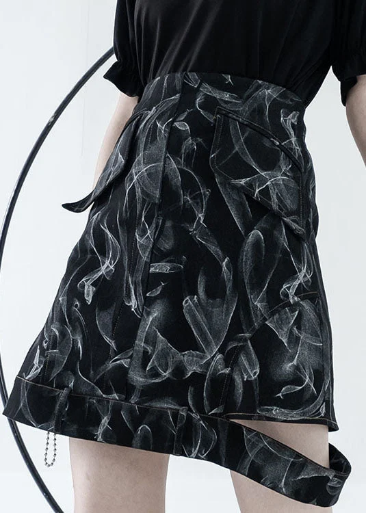 Style Black High Waist Hollow Out Print Cotton Denim A Line Skirts Summer leather skirt refined