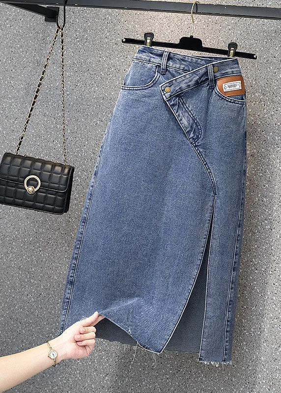 Style Denim Light Blue High Waist Side Open Button Asymmetrical Pockets Cotton A Line Skirts Summer belted skirt waist Style Denim Light Blue High Waist Side Open Button Asymmetrical Pockets Cotton A Line Skirts Summer belted skirt waist