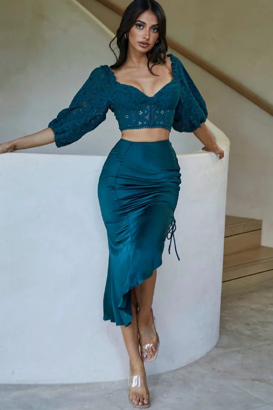 Twinkling Nights Asymmetrical Hem Ruched Side Satin Midi Skirt Jade Green denim skirt trendy
