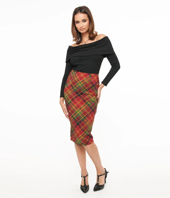 Unique Vintage 1950s Burnt Orange & Green Plaid Tracy Pencil Skirt chiffon skirt flowing