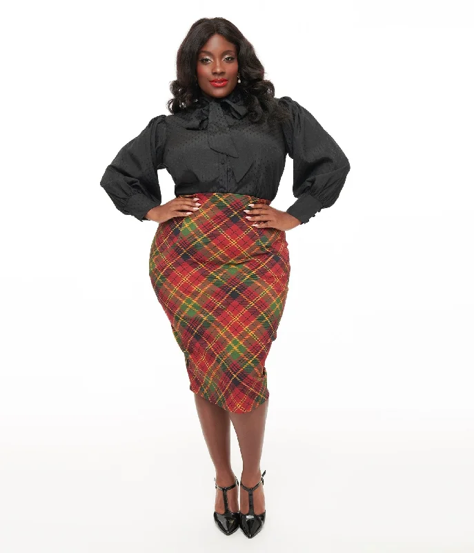 Unique Vintage Plus Size 1950s Burnt Orange & Green Plaid Tracy Pencil Skirt velvet skirt glossy