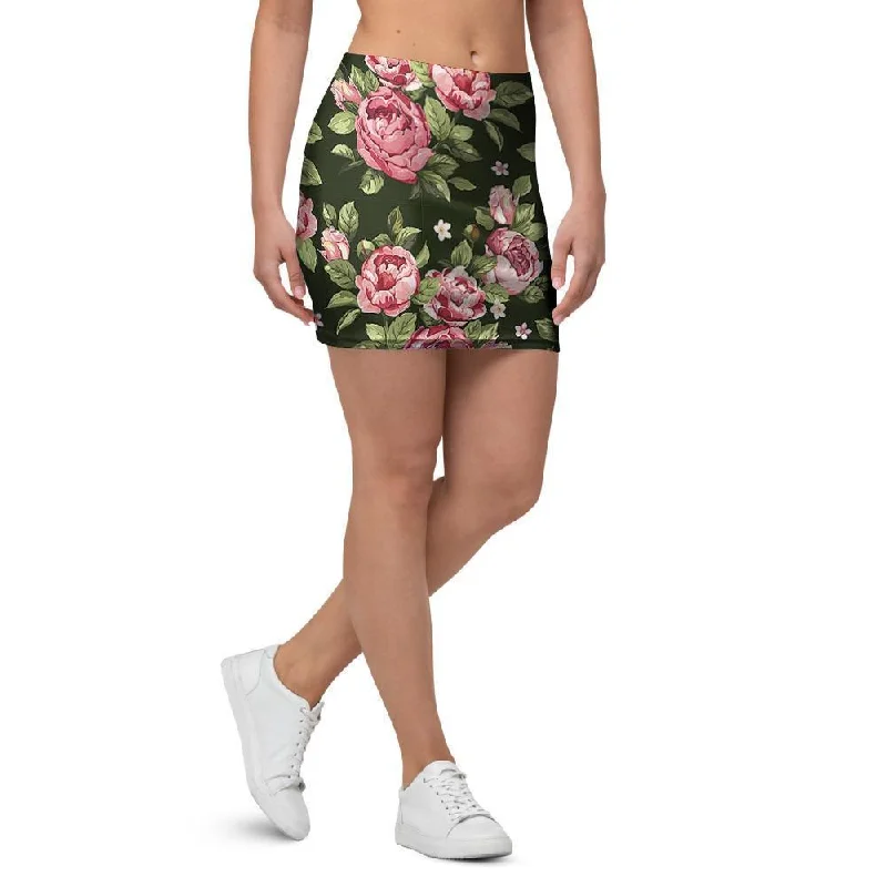 Vintage Pink Rose Floral Print Mini Skirt tiered skirt playful