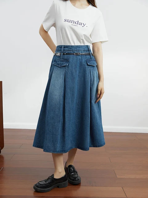 Vintage Pleated Denim Skirt Chic Designed Raw Denim Skirt with Belt chiffon skirt floaty Vintage Pleated Denim Skirt Chic Designed Raw Denim Skirt with Belt chiffon skirt floaty