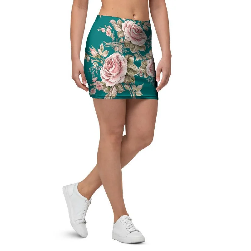 Vintage Watercolor Pink Rose Flower Print Mini Skirt lace skirt feminine
