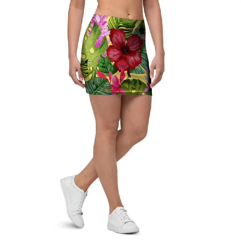 Watercolor Hibiscus Floral Hawaiian Print Mini Skirt silk skirt lustrous