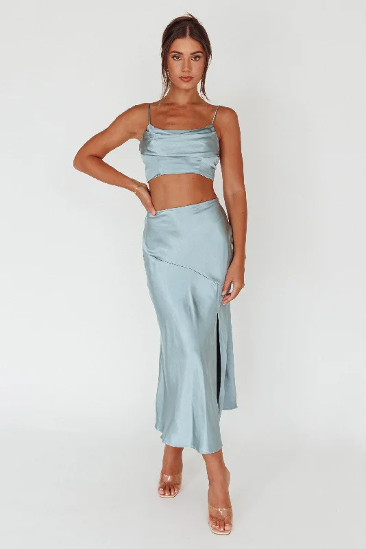 Well Versed Split Midi Skirt Sage satin skirt smooth