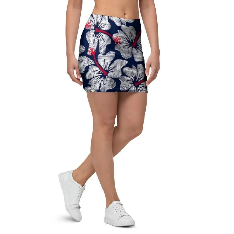 White Hibiscus Tropical Floral Hawaiian Print Mini Skirt satin skirt smooth