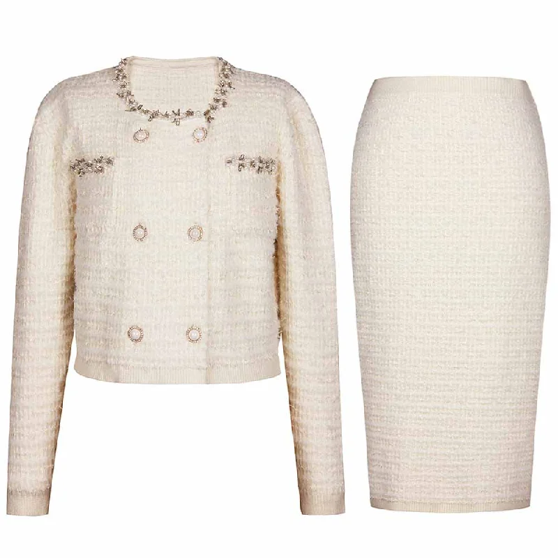Women Knitted Midi Skirt Suit Pearl Embellished Two Pieces Set lace skirt intricate