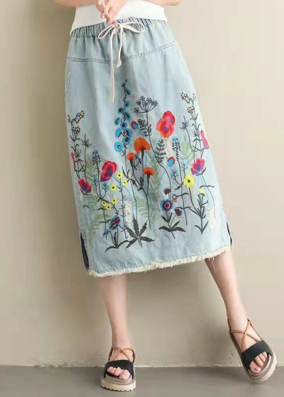 Women Light Blue Embroideried Pockets A-Line Summer Denim Skirts seamless skirt comfort