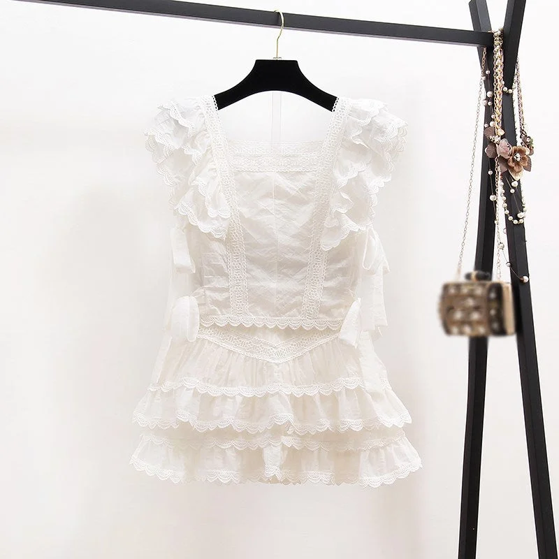 Women Summer Chic Clubwear Ruffle Hem Skirt Set Casual Hollow Out Embroidery Short Tops+A-Line Mini Skirt Sexy Beach 2 Piece Set spandex blend skirt