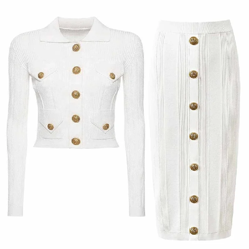 Women's Buttoned Knit Cardigan Skirt Suit patchwork skirt art