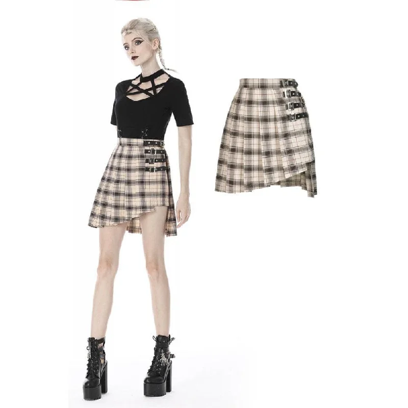 Women's Punk Checked Belts Plaid Pleated Short Skirts linen skirt natural