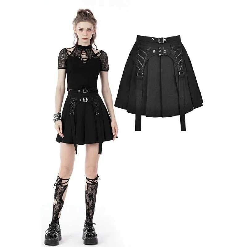 Women's Punk Double Buckles Pleated Skirt leather skirt sleek